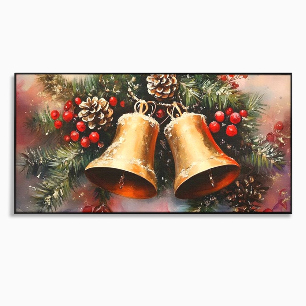 Tablou canvas cu tablou canvas cu clopotei aurii si conuri, in rama de aluminiu negru